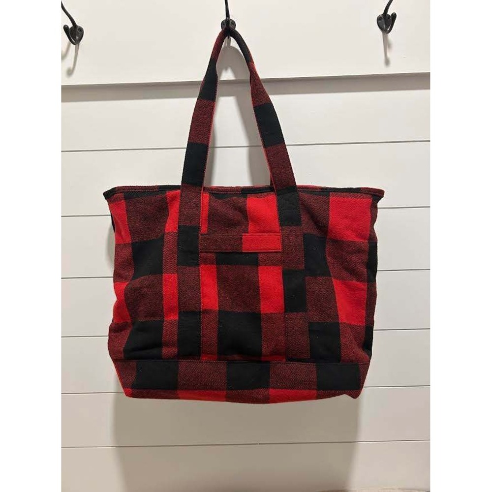 Old Navy Red Black Buffalo Plaid Sherpa Lined Tote Bag Zipper Closure Large